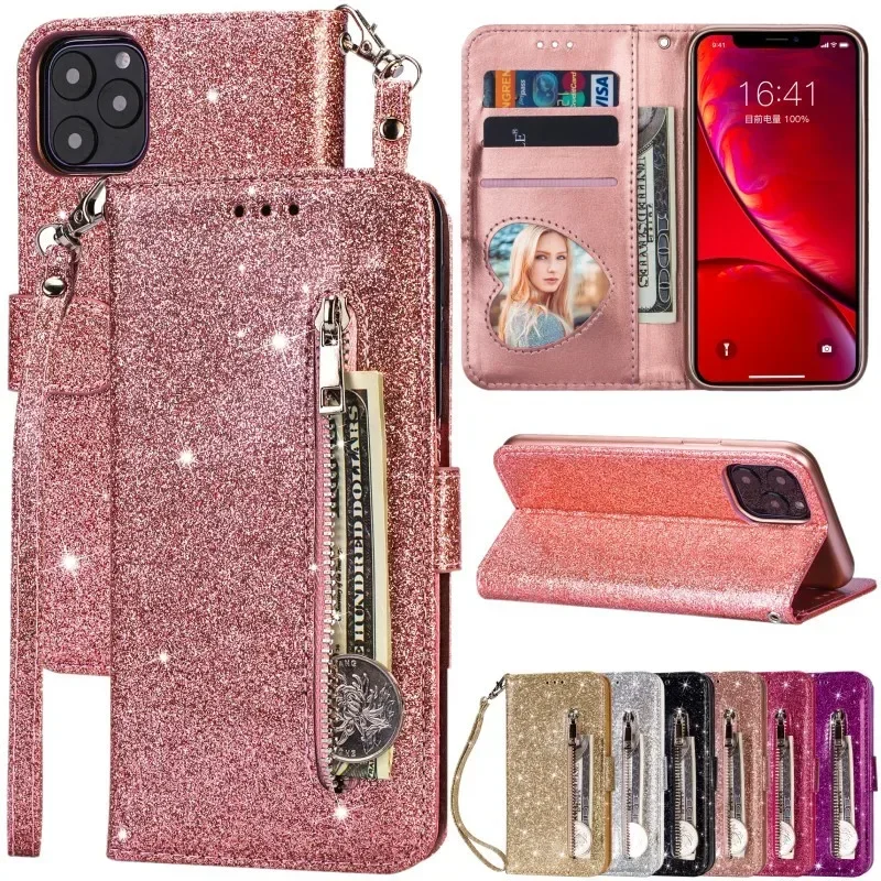 Wallet Glitter Zipper Magnetic Flip Leather Card Holder Case For iPhone 15 Pro Max 14 13 Mini 12 11 XR XS SE 2022 8 7 Plus Cover