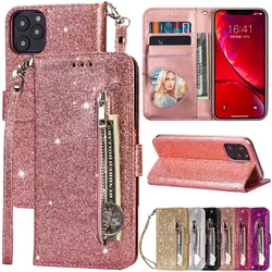 Funda de cuero con cremallera y purpurina para iPhone, carcasa magnética con tarjetero para iPhone 16 Pro Max, 15, 14, 13, 12, 11, XR, XS, SE 2025, 8, 7 Plus