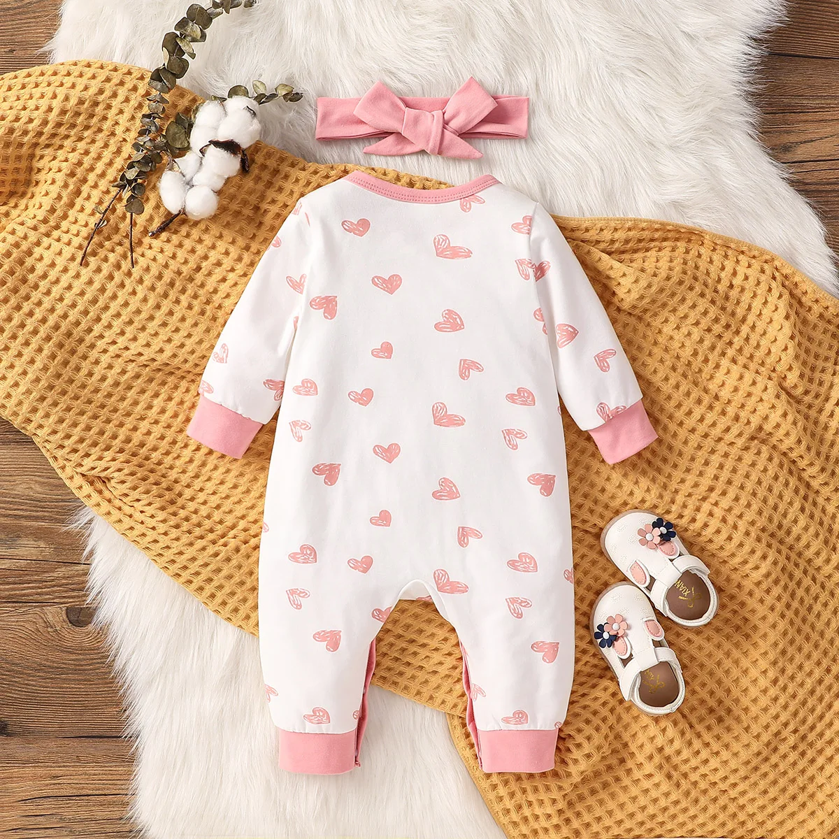 Baby Girls Fall Long Sleeve 3-24M Print Heart Streetwear Casual Jumpsuit With Covered Button +Hair Band