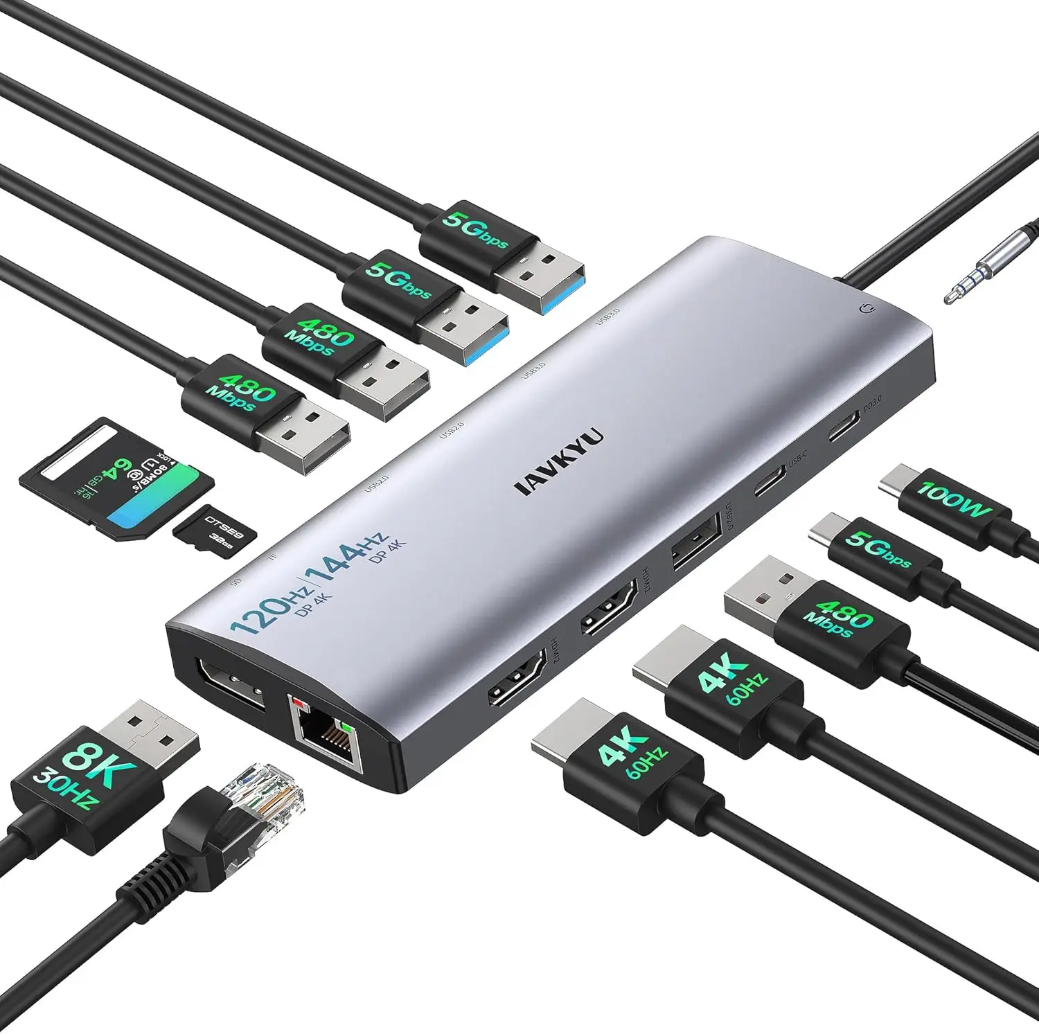 14-in-1 USB C Hub with Triple Monitor Support, 100W PD, HDMI/DP Ports for MacBook & Windows Laptops