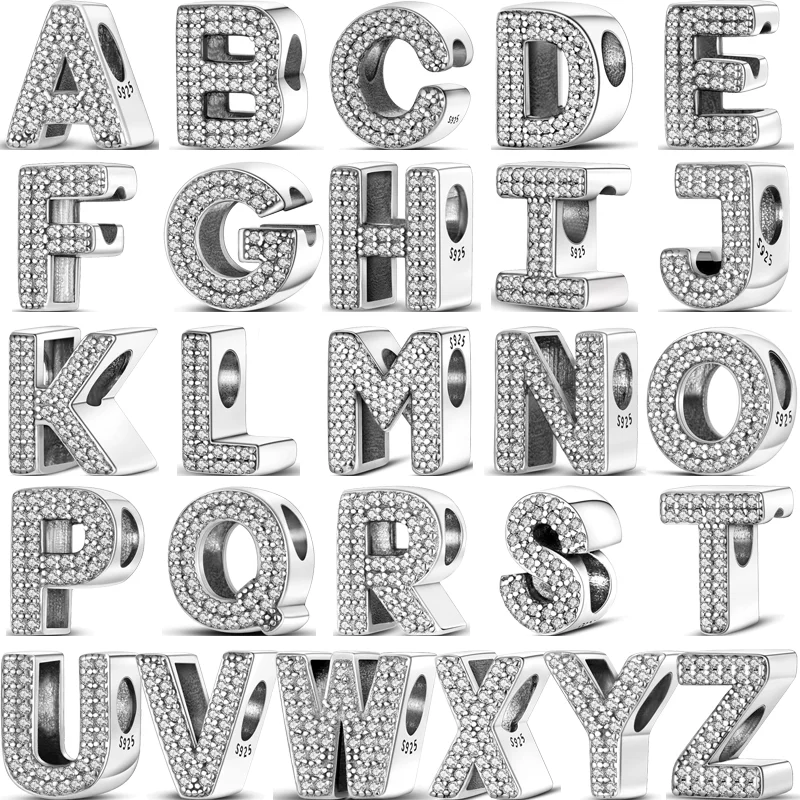 

925 Sterling Silver Clear Zircon 26 English Letter Alphabet A-Z Shiny DIY Beads Fit Original Pandora Charm Bracelet Fine Jewelry