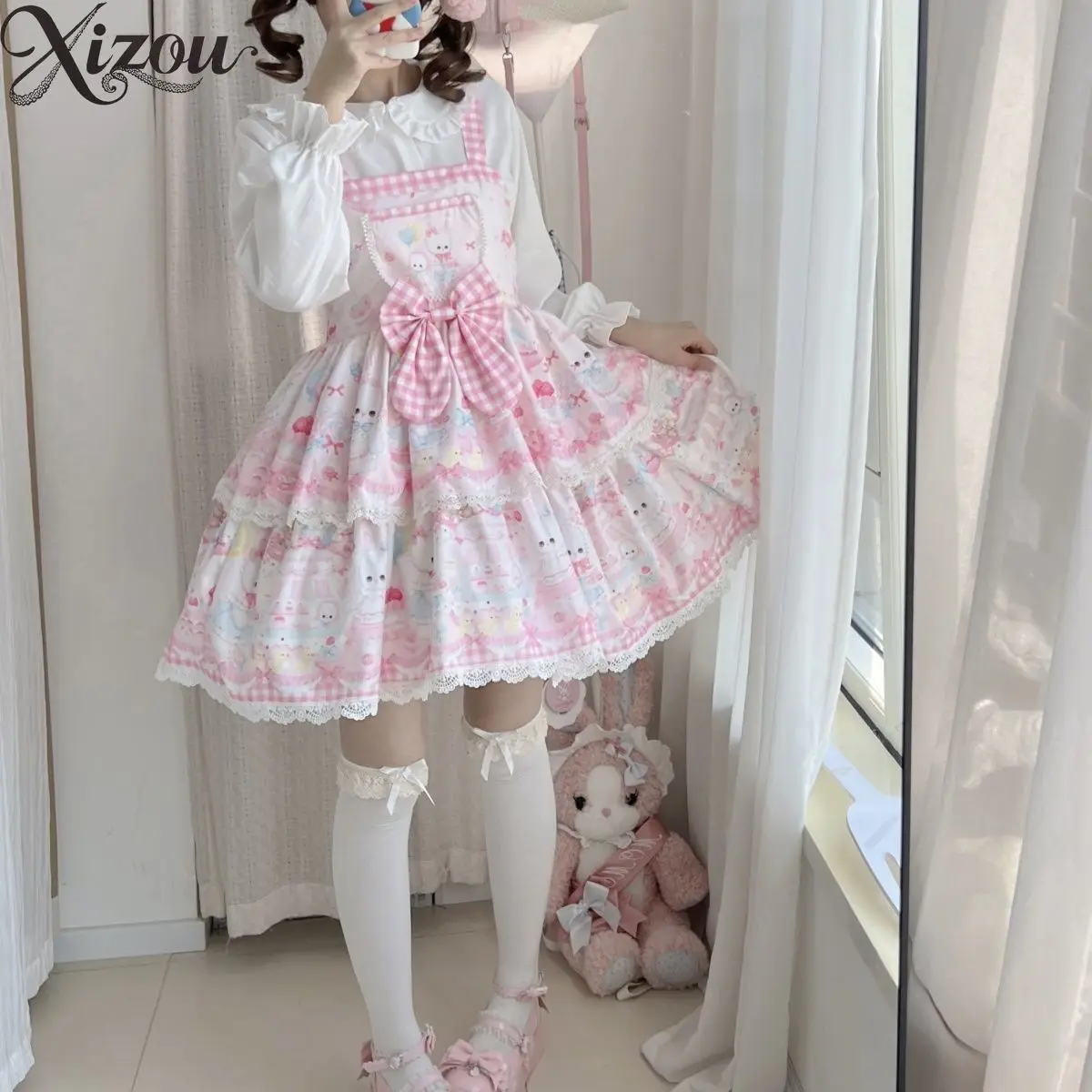 

2025 Victorian Sweet Lolita JSK Dress Women Cartoon Bear Print Bow Lace Ruffles Suspender Japanese Kawaii Plaid 2-Piece Set