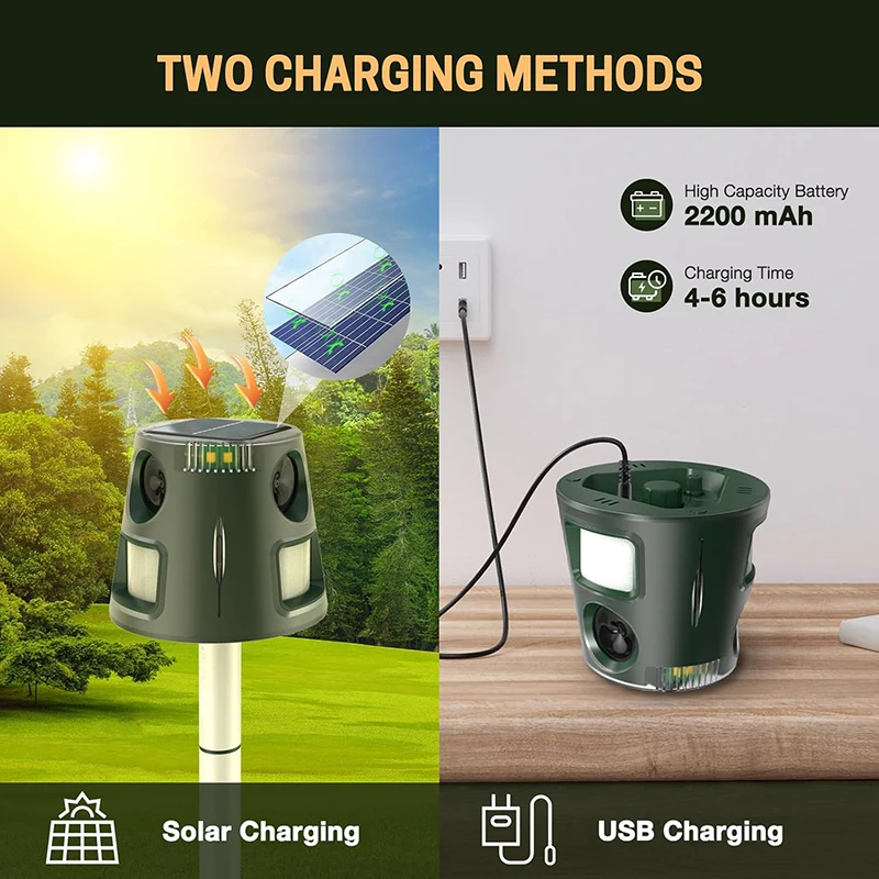 Solarbetriebener Ultraschall-Tiervertreiber mit LED-Blinklicht und Alarmton zur Abschreckung von Tauben, Vögeln, Mäusen und Füchsen für Garten und Außenbereich – Detail 4