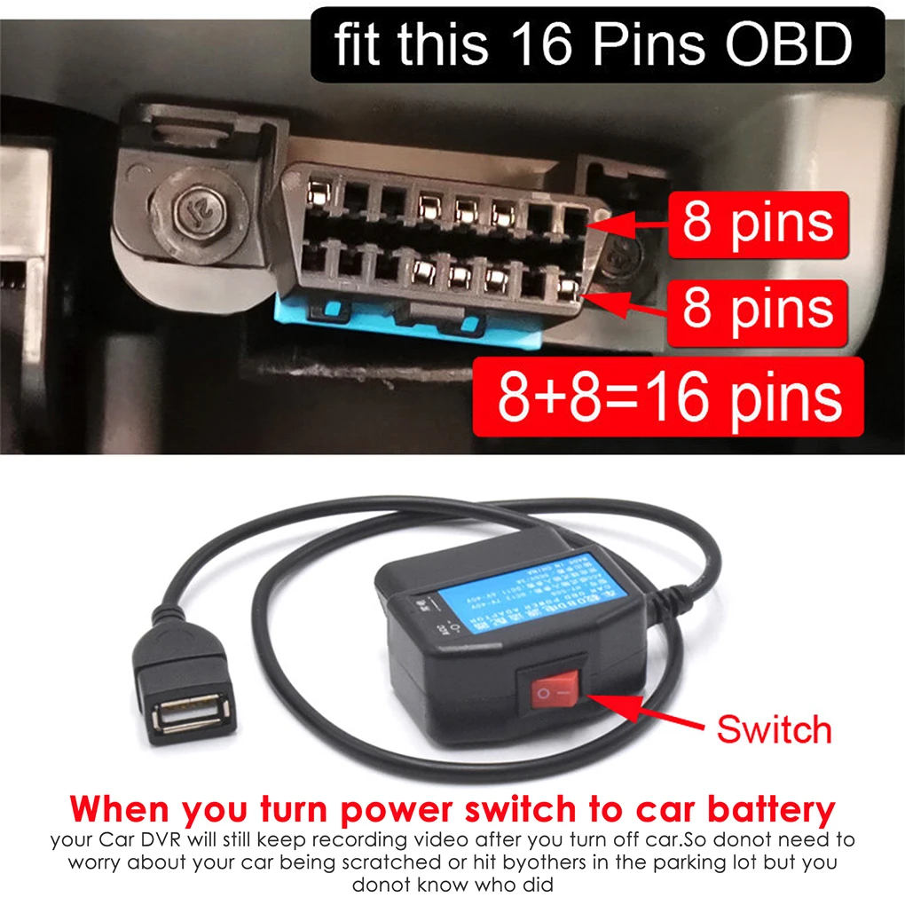 Car Dash Cam Power Source Adapter Voltage Reduction Automotive Interior ACC DVR OBD Charging Cable Switch Automobile