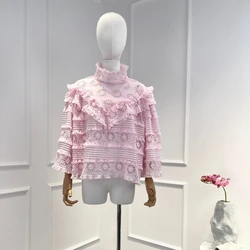 Blusa de algodón con bordado calado para primavera y verano, blusa de dos piezas con encaje Floral, Cuello medio alto, manga de tres cuartos, 2024