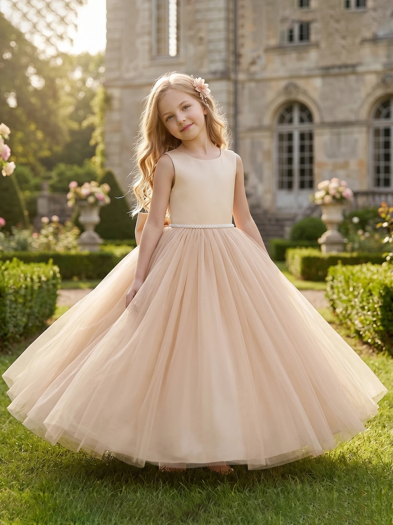 Girls Champagne Tulle Flower Girl Dress Oversized Bow Deep V Back Sleeveless Princess Gown For Wedding Birthday Party Graduation