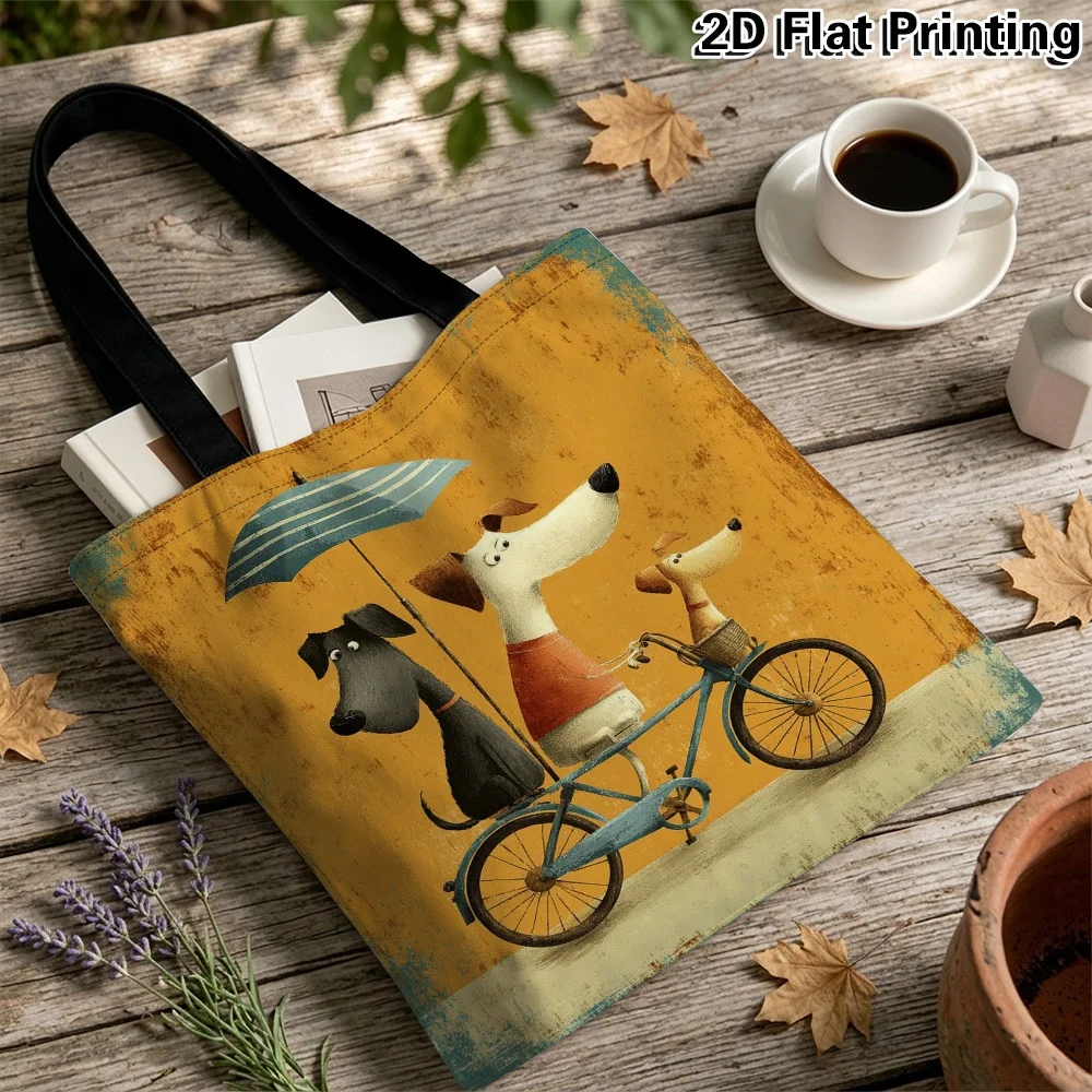 1pc 2D Printed Dogs Riding Bicycle Theme Tote Bag -Versatile Reusable Grocery Bags, Lightweight Foldable Shoulder Bag