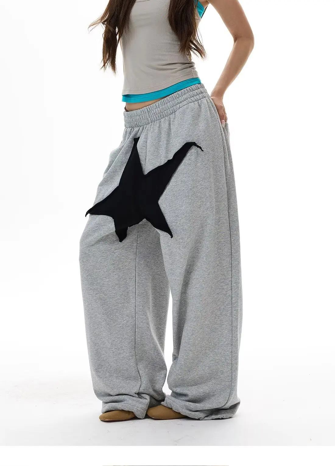 Retro Five-point Star Pants Women Fashion High Waist Trousers Loose Jogging Sweatpants Casual Y2k Wide Leg Streetwear Trousers