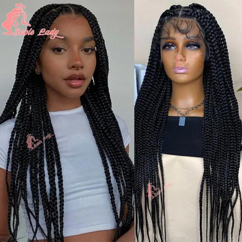 

Synthetic Jumbo Box Braided Wig Full Lace Big Box Straight Braids Wig Natural Color Long Cornrow Knotless Braids Lace Wig 36inch