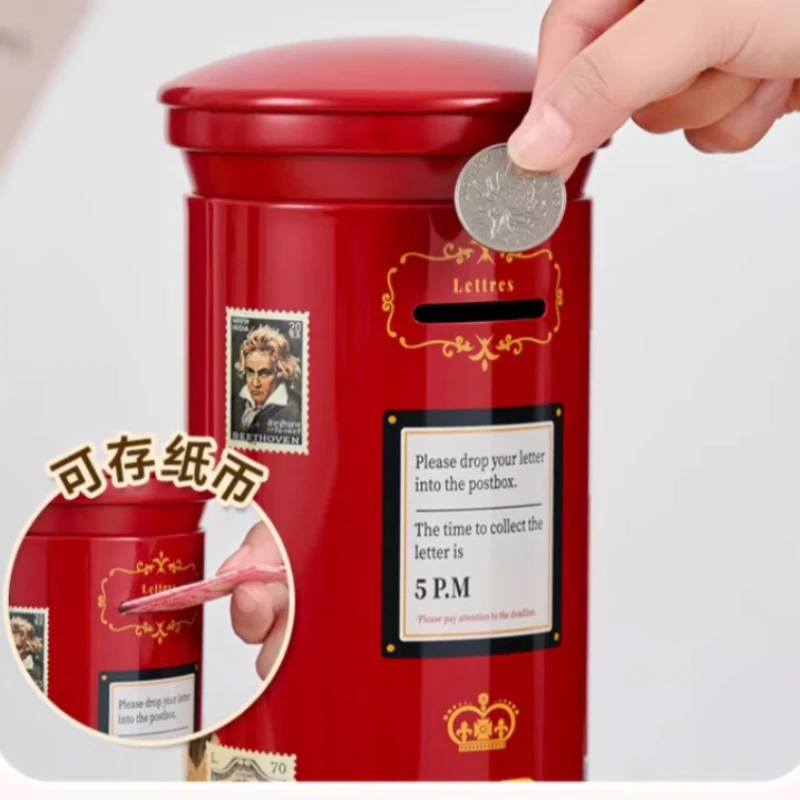 Retro Style Iron Mailbox Coin Bank, Vintage Metal Piggy Bank for Savings, Red British Postbox Design Decorative Desktop Ornament