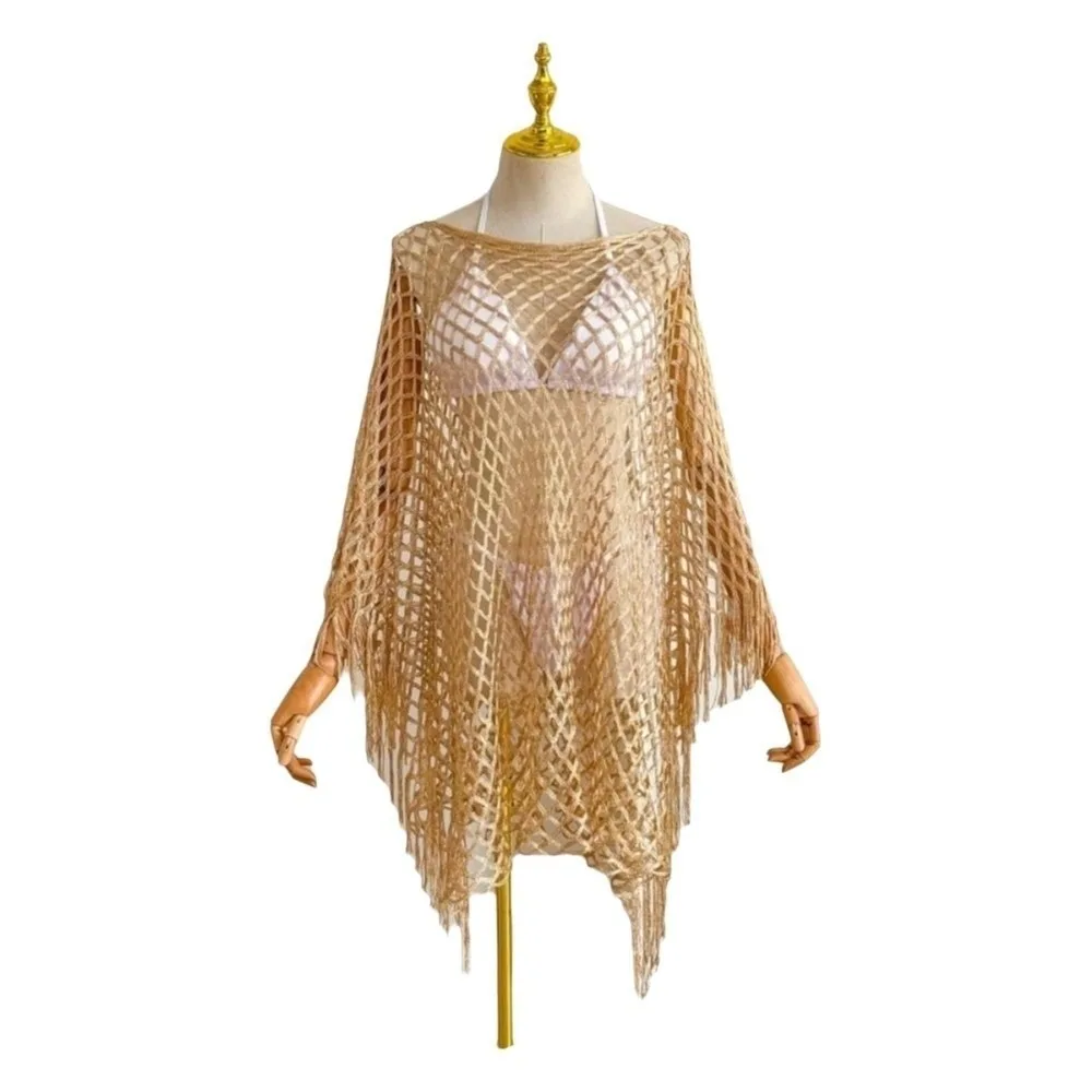 

Comfortable Tassel Sunscreen Cover-up Crochet Loose Fit Knit Hollow Out Top Casual Plus Size Bohemian Shawl Summer