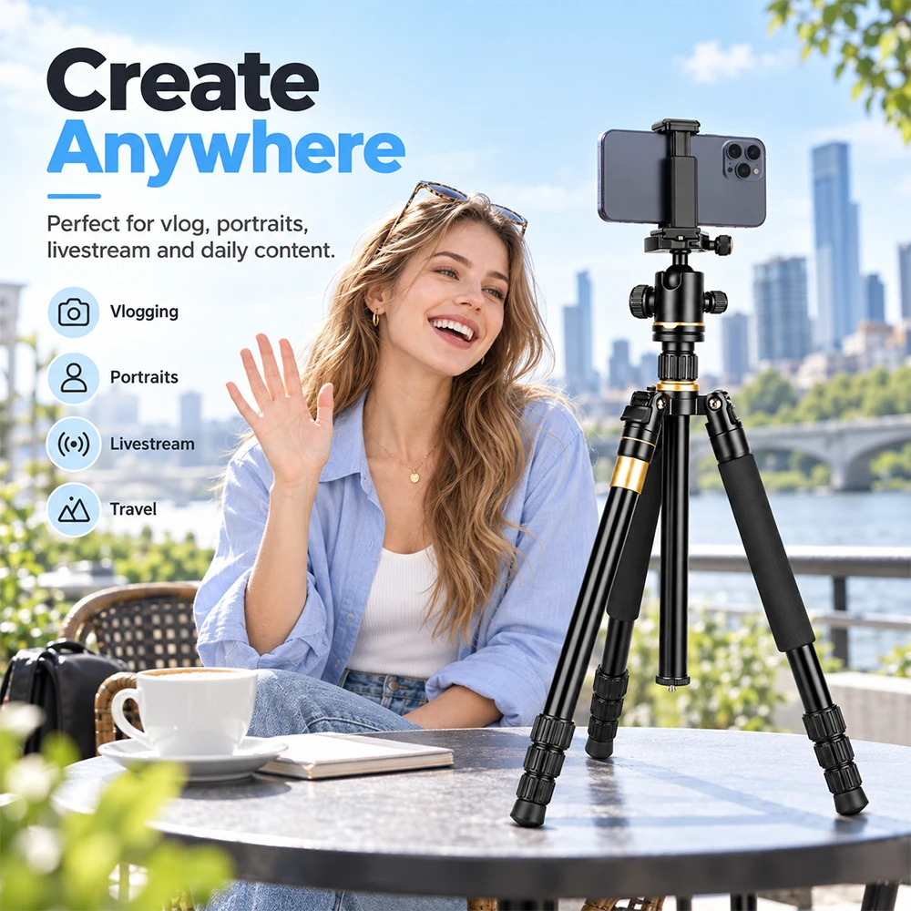 Camera Tripod Travel Tripod Portable Tripod Flexible Vlog Tripod 360° Ball Head Quick Release Plate for Canon Nikon Sony Camera