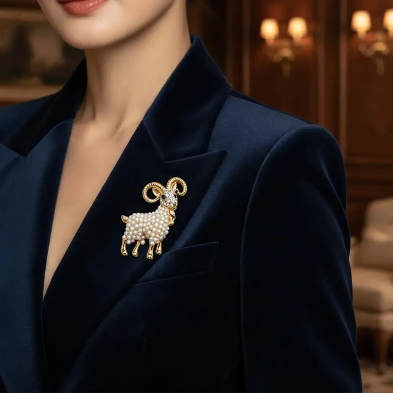 Shiny Pearl Goat Brooch Pin 1Pc Vintage Rhinestone Animal Jewelry for Women Fashion Lapel Pin for Prom Wear Birthday Gift for M