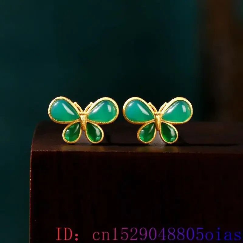 Green Real Jade Butterfly Earrings Talismans Ear Studs Natural Jewelry Stone Charm Accessories 18K Gold Plated Women Carved