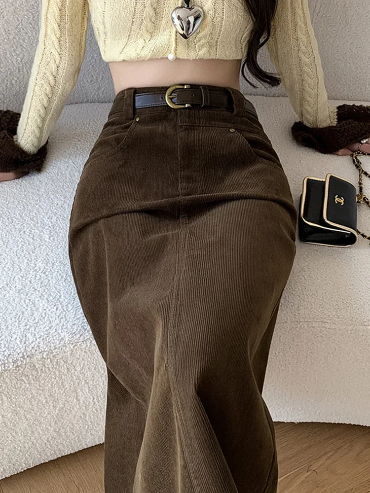 Winter Corduroy Women's Long Skirt Woman High Waist Wrap Cargo Bodycon Skirts With Belt A-line Black Brown Faldas Largas