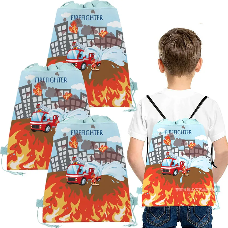 10/30/50pcs Firetruck Drawstring Bags Nonwovens Backpack Fire Truck Birthday Party Decor Fire Fighter Theme Supplies Boys Favors