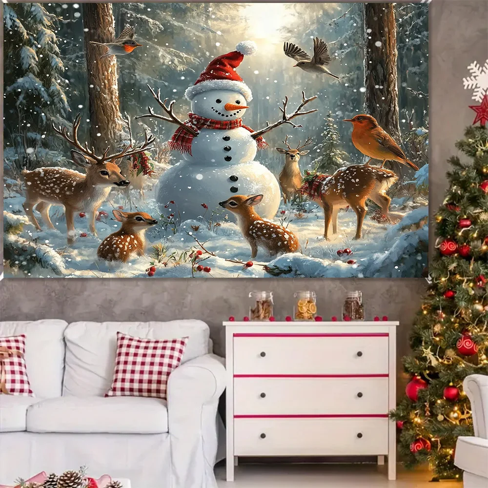 VIKAMA Snowman and Reindeer Christmas Tapestry Living Room Feature Wall Children's Room Decor Christmas Theme Arrangement