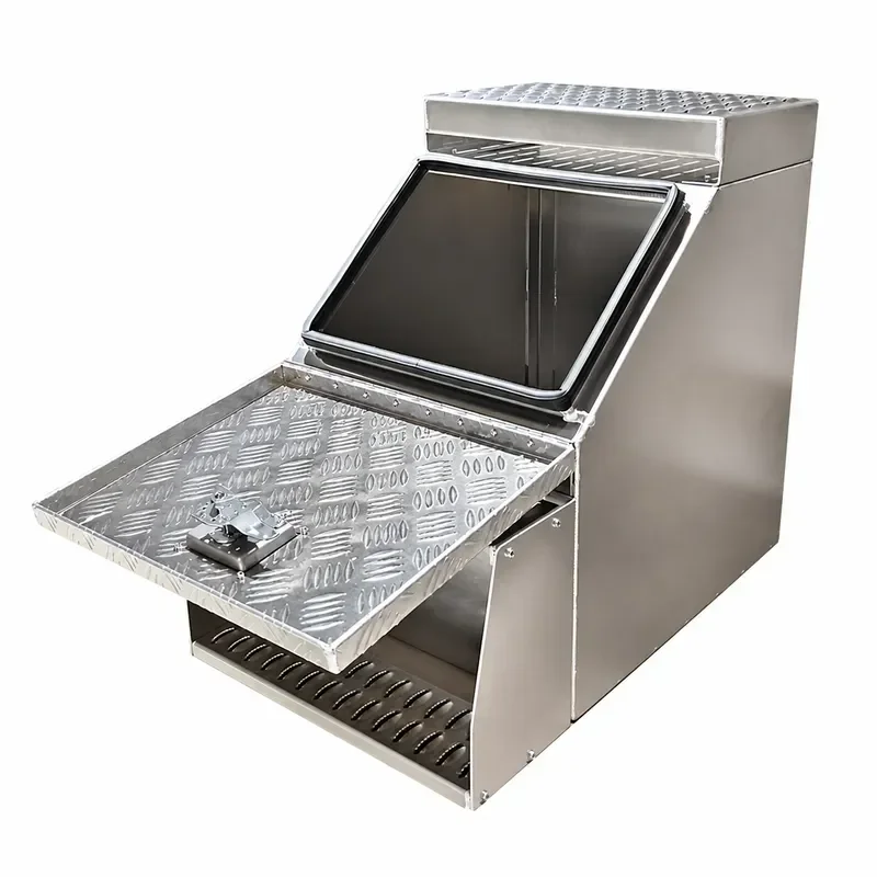 Custom Aluminum Pickup Truck Step Toolbox Storage Box with Step Pattern Board Ladder for Transporter Vehicle Accessories