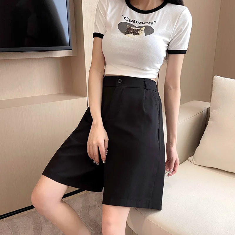 대형 사이즈 여성 캐주얼 세트 반바지, 편안한 사무용 와이드 레그 반바지, 여성 데일리 헐렁한 다용도 바지, 여름