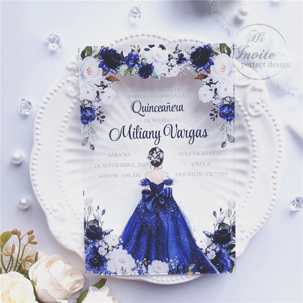 

Акриловое приглашение Royal Blue Sweet 15, темно-синяя кукла и роза, приглашение Blue Princesss Quinceañera с конвертом