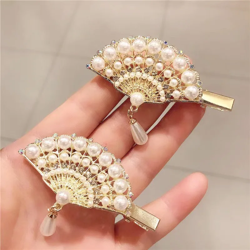 Imagen 7: Súper Hada, Clip para el pelo con forma de abanico, colgante de perla de diamantes de imitación, Clip lateral de pico de pato, accesorios para el cabello, Cheongsam Hanfu, accesorios para la cabeza