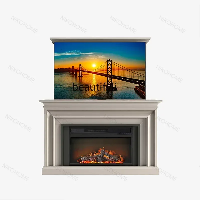 

Cream wind fireplace TV cabinet Electronic simulation fire decorative Hidden intelligent electric lifting integrated cabin