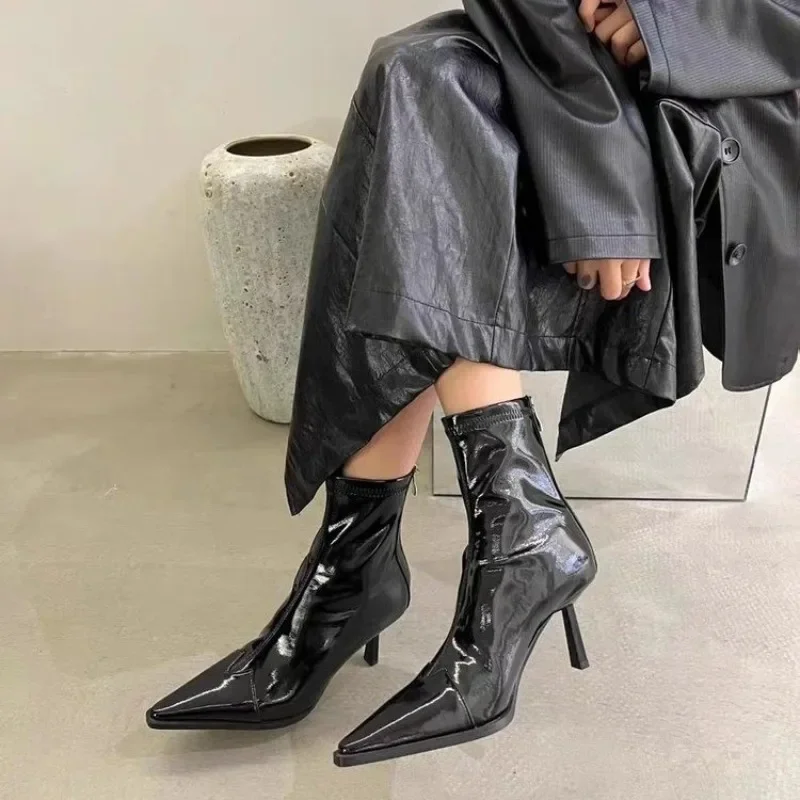 Boots Women New 2023 Zipper Pointe Shoes Winter Footwear Pointy Autumn Ladies High Heel Ankle Rubber Leather Microfiber Solid R