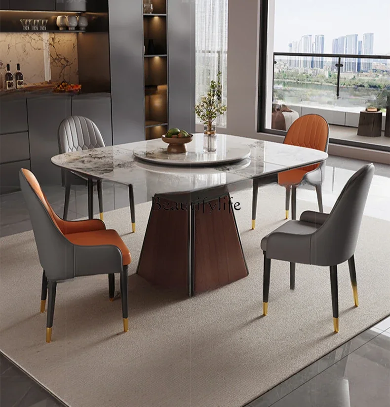 Telescopic square rock slab dining table Small apartment dining table with turntable integrated