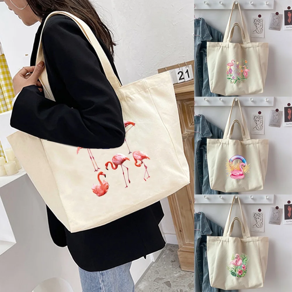 Women's Shopping Organizer Bags 2025 Canvas Flamingo Printed Shoulder Bags Reusable Casual Foldable Shopper Handbag Tote Bags