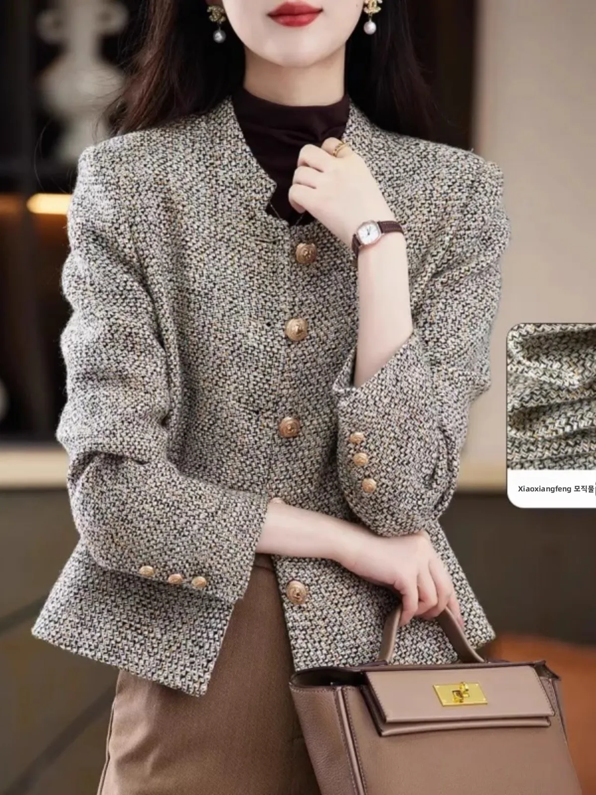 

Ele ort Woolen Coat Sli Commuter Sle Women's Faion Outerwear Autumn Season Plaid Pattern Single Button Closure