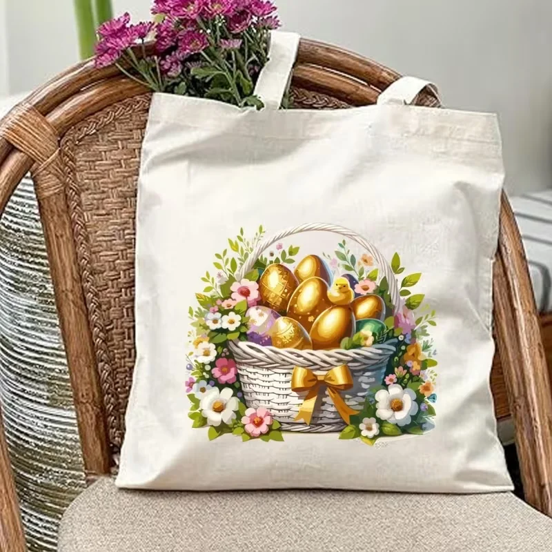 

Easter Egg and Basket Printed Women's Canvas Shoulder Bag Gold Decoration for Gifts and Daily Use Spring Festival Themed Handbag