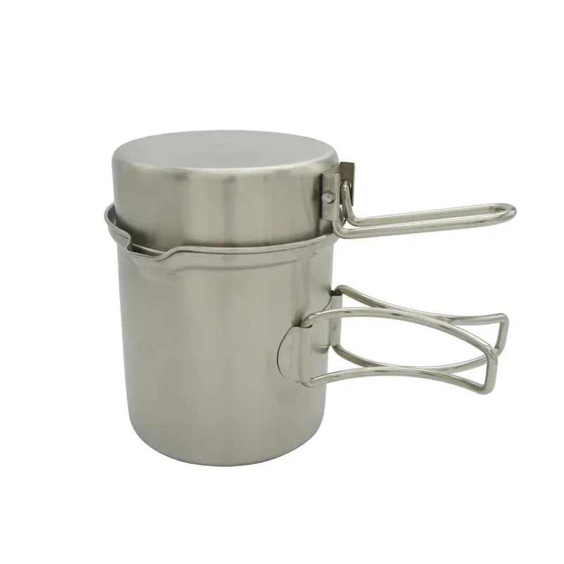 

Stainless Steel Camping Cookware Pot Cup Kettle Portable Outdoor Cooking Picnic Tableware with Foldable Handle Coffee Mug Pan 1L