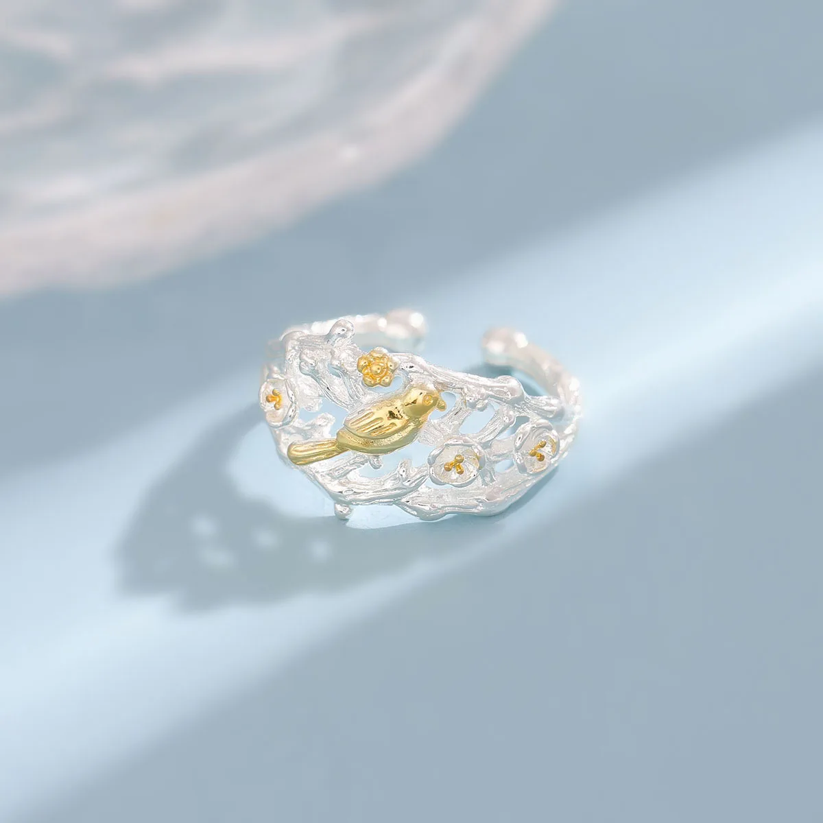 

925 Sterling Silver Jewelry New Arrival Golden Bird Fashion National Style Handmade Flower Branch Opening Rings R241