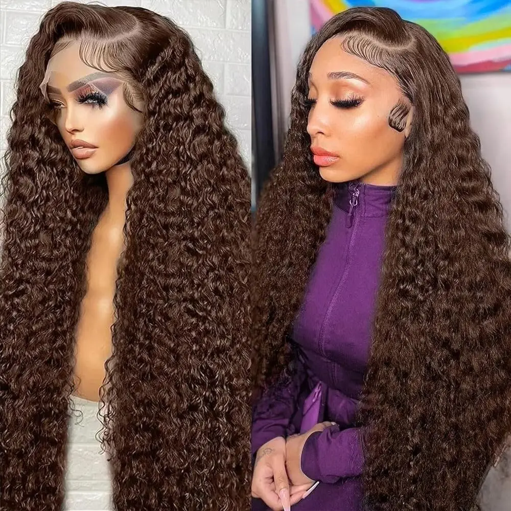 

30 Inch Chocolate Brown Deep Wave Lace Front Wig Human Hair 210% Density Glueless Brown Curly Wig 13X4 HD Lace Wig Human Hair