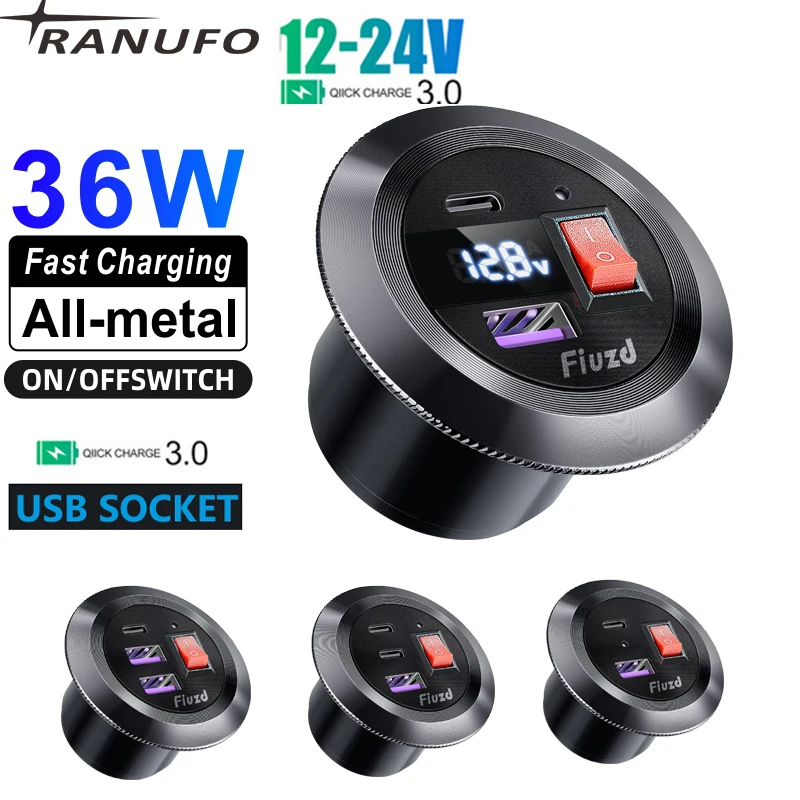 

Car Charger Socket PD3.0 & QC3.0 Double USB C Ports with LED Switch 54W Fast Charging 12V/24V For Moto Adapter