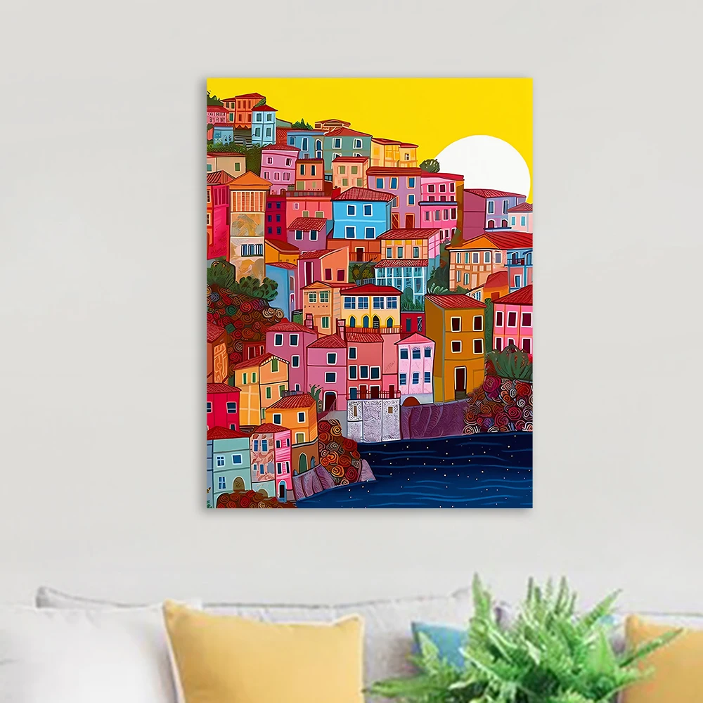 Manarola Illustration Poster Cinque Terre Italian Riviera Coastline Prints Italy Art Architecture Wall Art Canvas Painting Art