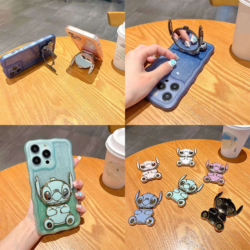 Disney Lilo & Stitch Mobile Phone Holder Cartoon Portable Makeup Mirror Metal Rotatable Foldable Phone Holder Girl Gift