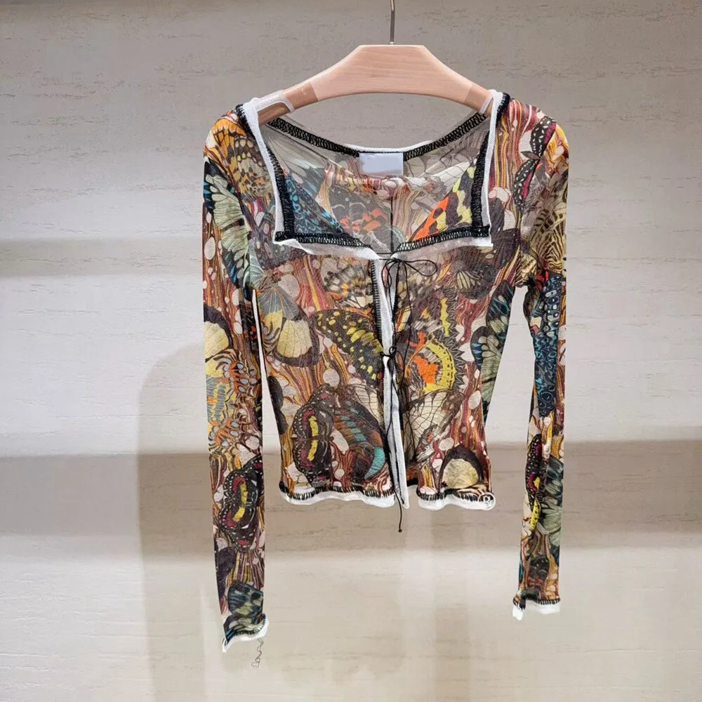 2026 Spring Summer Cropped Vintage Butterfly Print Mesh T-shirt Women Long Sleeve Slim Fit Sun Protection Tops