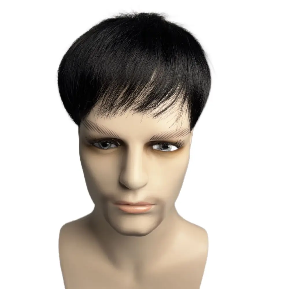 Short Real Human Hair Toupee with 4 Clips for Men's Baldness Prosthetic Wig Male Hair Replacement System Piece