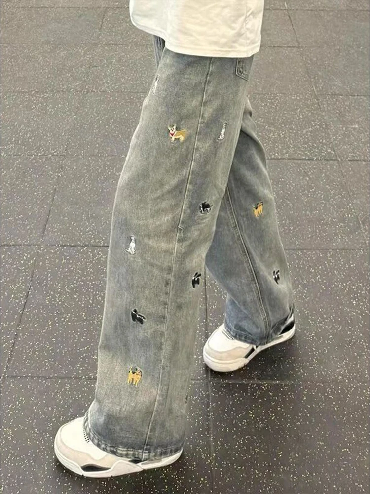

Light Blue Embroidered Dog Straight Leg Narrow Version American Style Summer Jeans for Men Knife Flared Pants