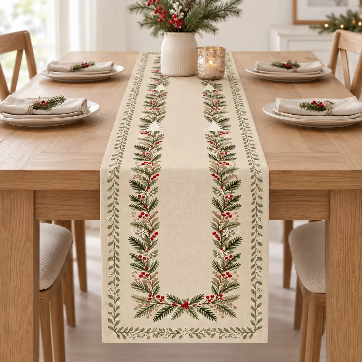 Christmas New Year Snowflake Table Runner, Cream Snowflake Pine Branch Red Berry Pattern, for Gamers, Party House Dinner Decor