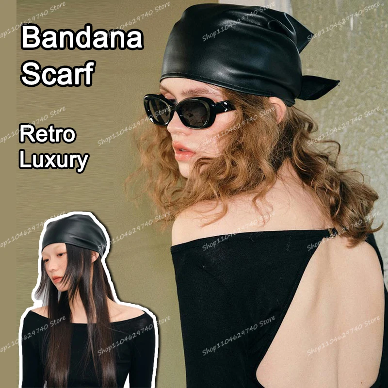 Pañuelo Triangular de Cuero PU Negro para Mujer, Pañuelo Retro de Lujo para la Cabeza, Banda para el Cabello Estilo Y2K, Diadema Gótica Rock, Accesorios de Moda