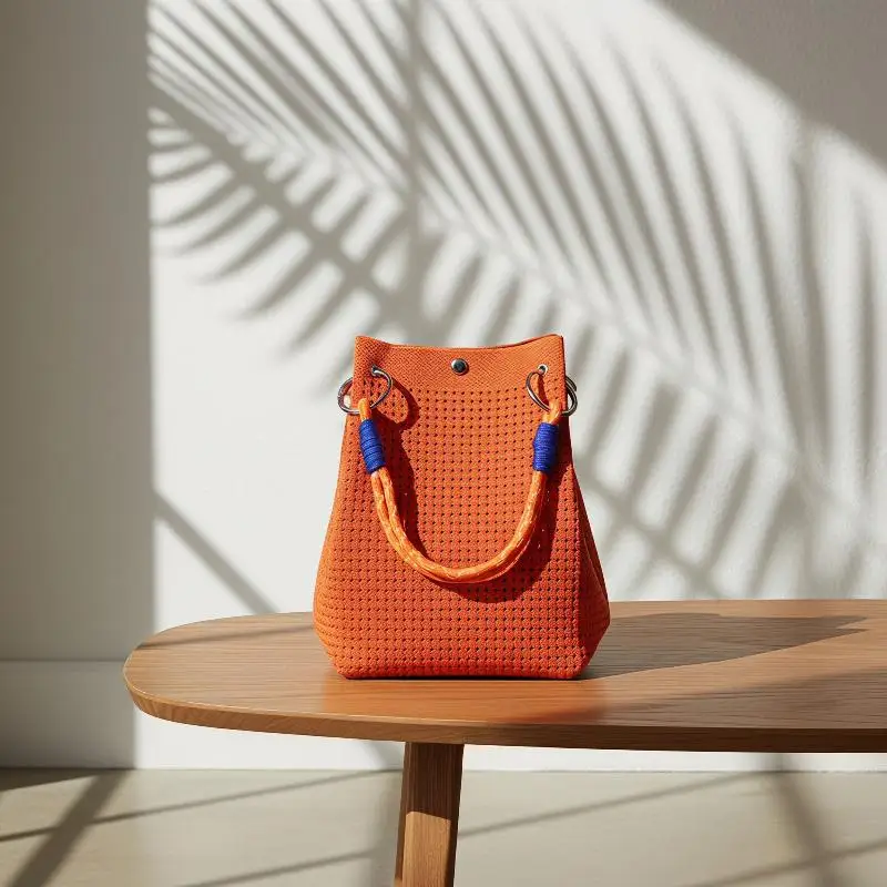 Mini Knitted Bucket Bag Women Small Handbag Geometric Colorblock Wristlet Fashion Portable for Daily Shopping Date 1PC