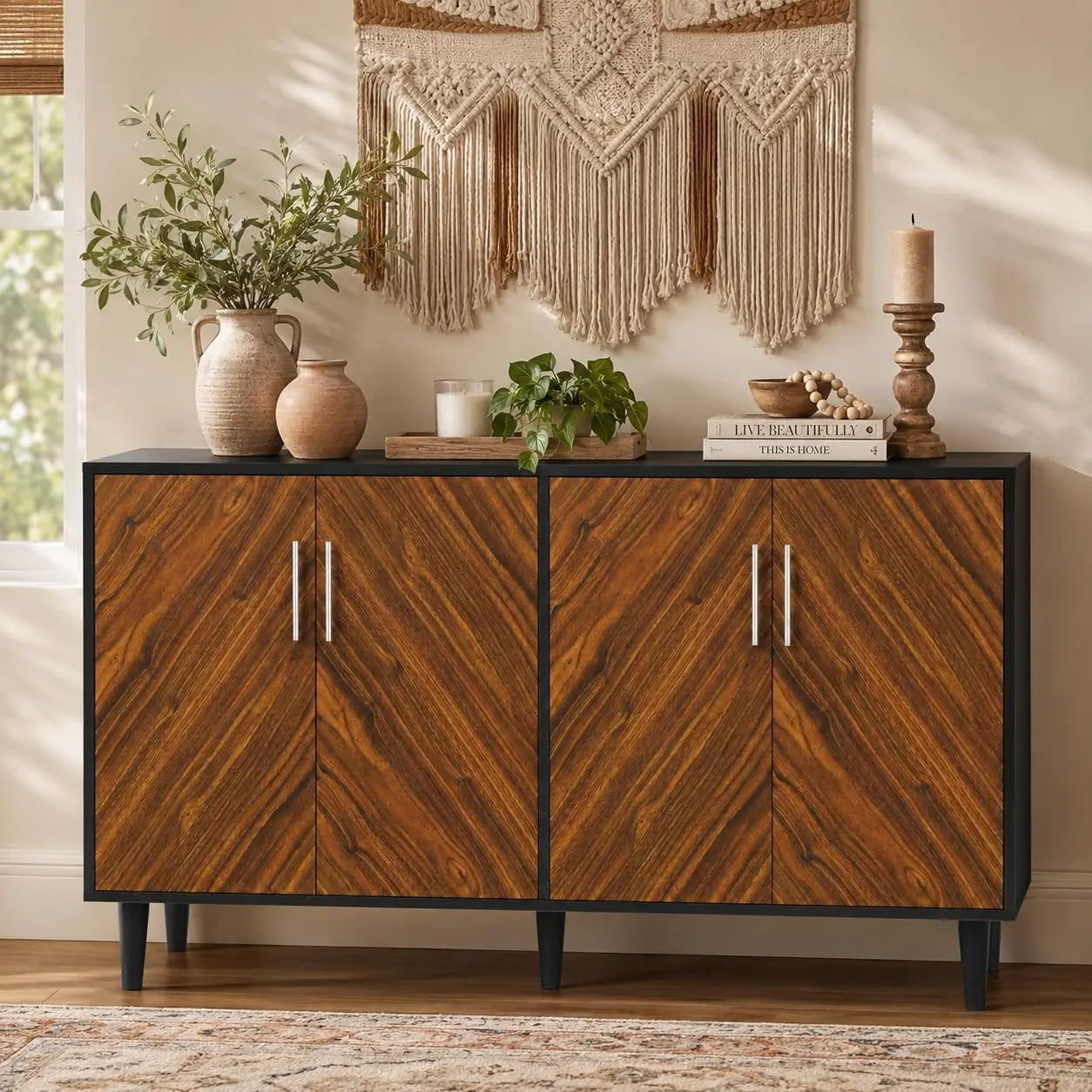58-Inch Mid-Century Modern Sideboard Buffet Cabinet Black Storage Dining Room Living Room, Customized