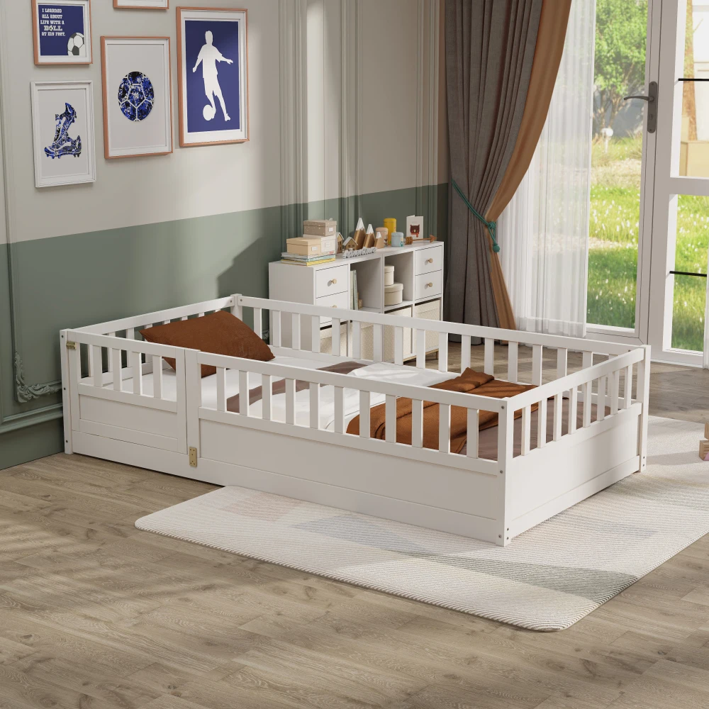 Twin Floor Bed, Overall Structure, Ultra-high Safety Barrier, Children's Floor Frame, Montessori Wood Bedroom Furniture