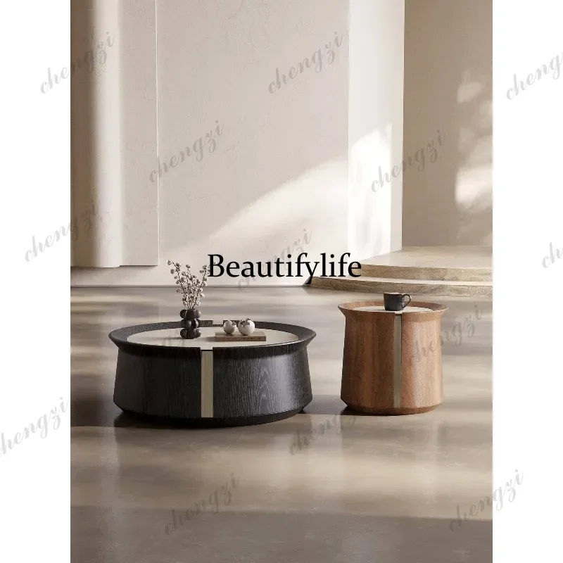 Creative design light luxury home living room stainless steel multi-layer solid wood travertine rock slab coffee table p182