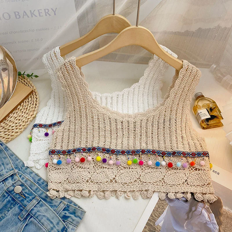 

Boring Honey Bead Pendant Tassels Camis Corset Tops Round Collar Short Tank Top Women Sleeveless Edible Tree Fungus Crop Tops