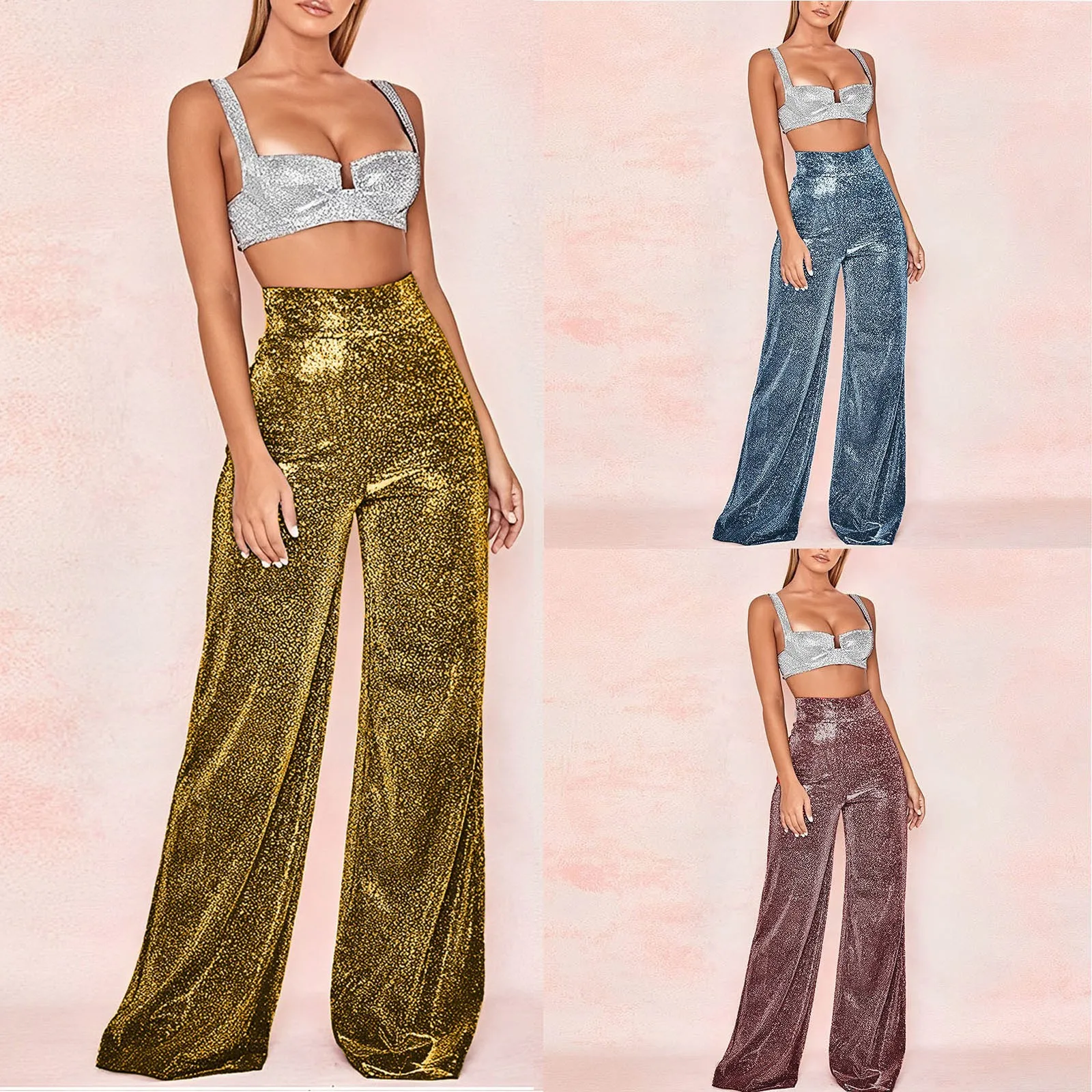 Women\'s Fashion Shiny Sequin Pants High Waisted Draped Palazzo Trousers Zip Wide Leg Flared Pants Party Night Club Wear Pants