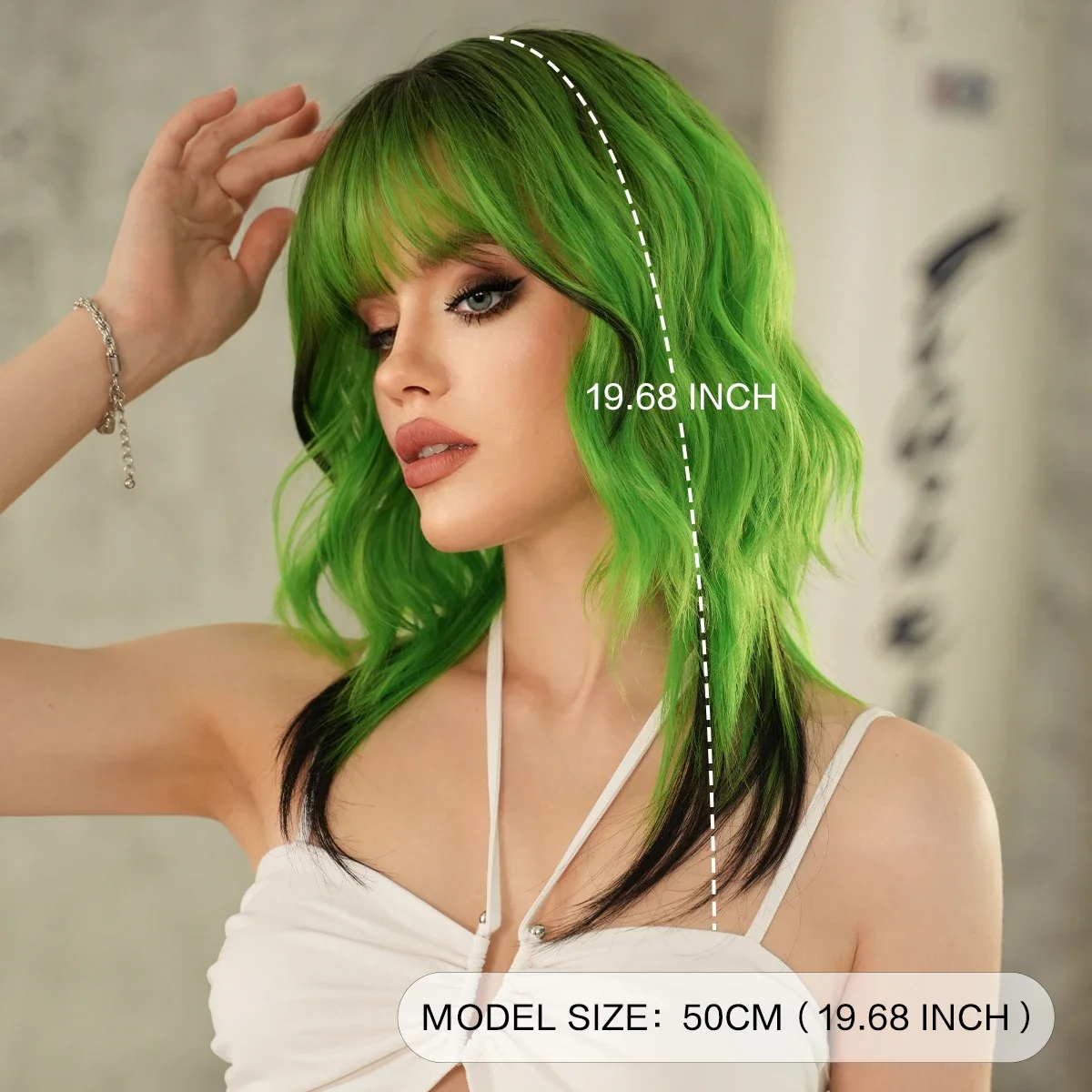 NAMM Synthetic Long Wavy Green Wigs for Women Daily Use Dark Roots Tail dyeing High Density Heat Resistant Hair Wigs With Bangs