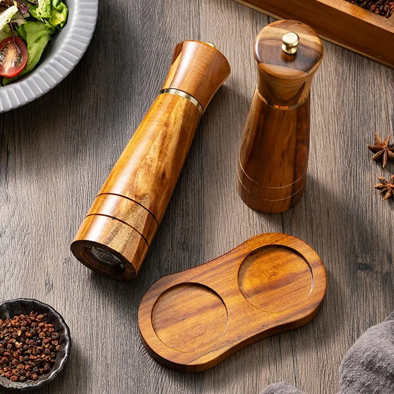 

8-дюймовая ручная мельница для перца из дерева акации, регулируемая бутылка для измельчения черного перца, морской соли с основанием, набор 8 дюймов, кухонная утварь